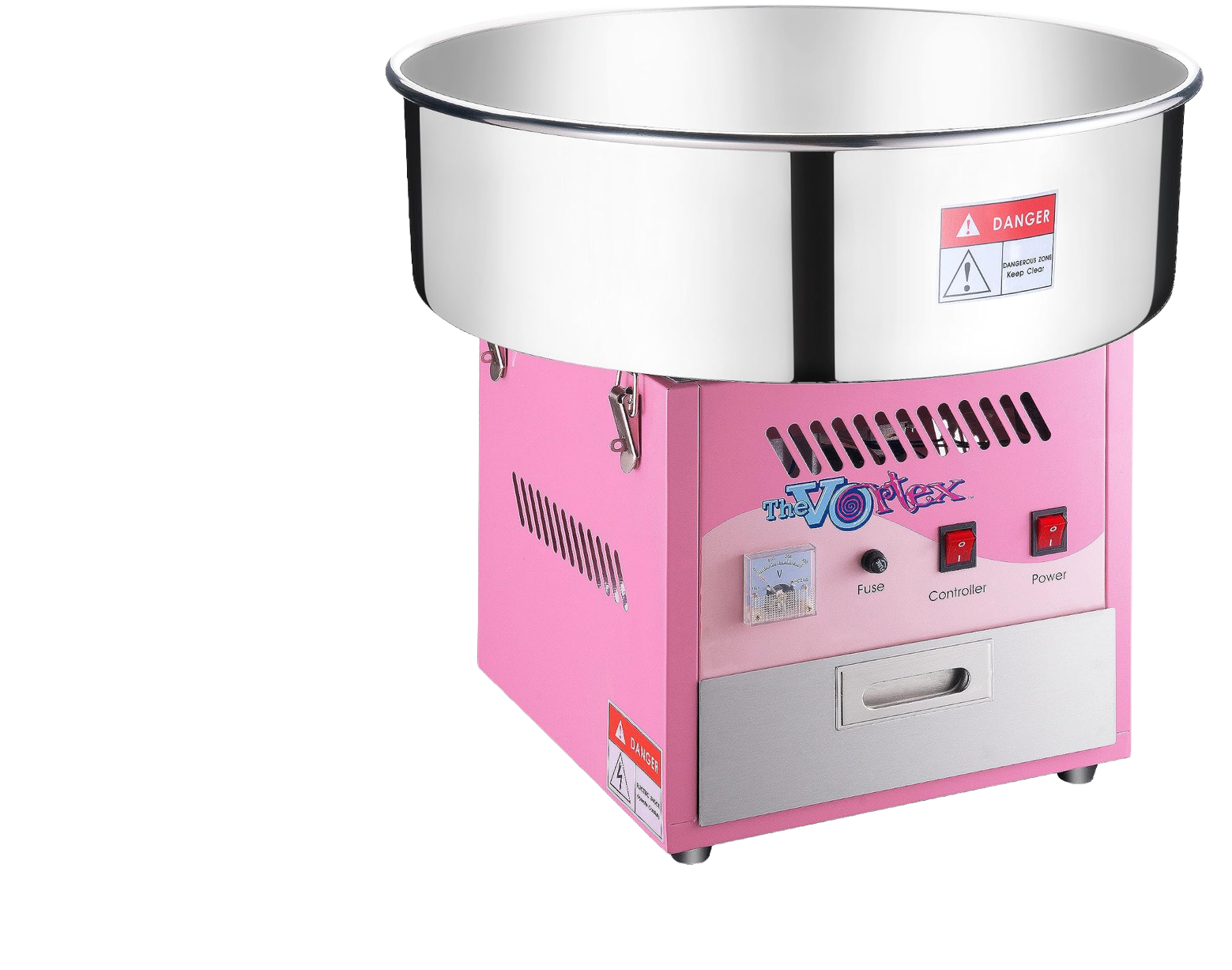 Cotton Candy Machine Side View – Party For Less Rentals Aurora Denver CO Pink Great Northern Popcorn Vortex cotton candy machine side view from Party For Less Rentals in Aurora Colorado – 1000W party floss maker for the Denver area