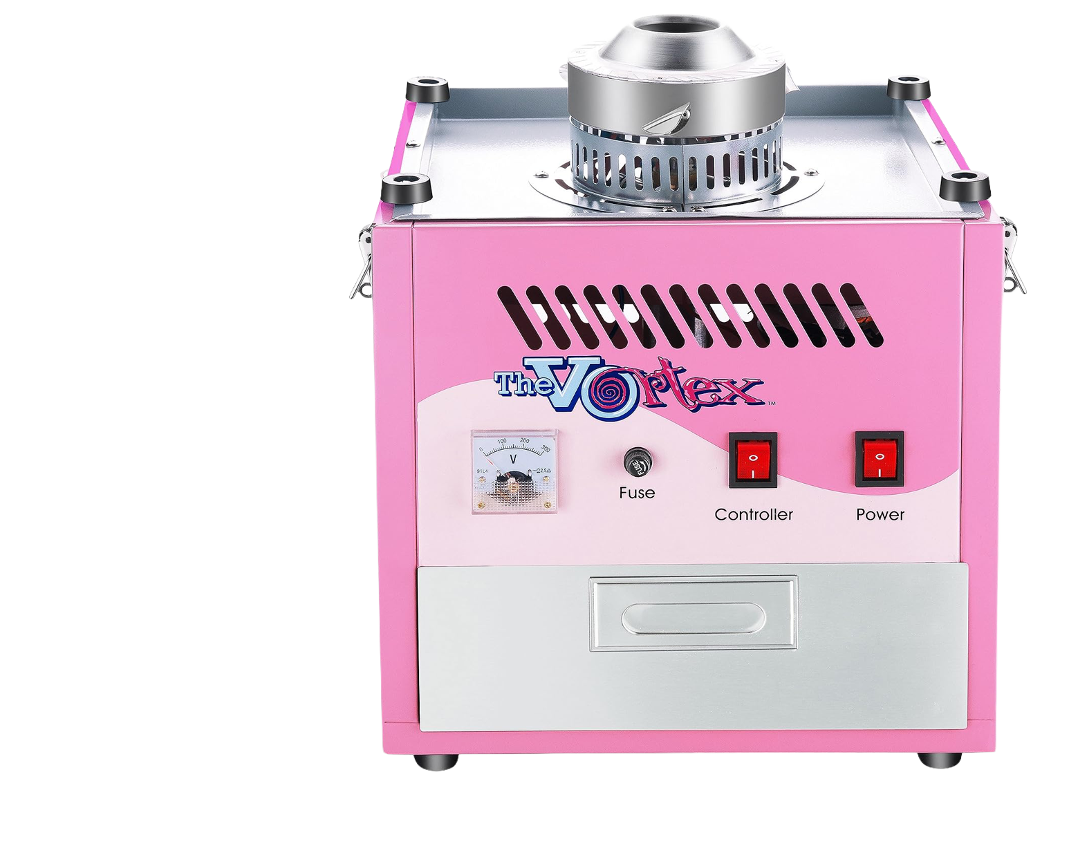 Cotton Candy Machine Controls & Spinner – Party For Less Rentals Aurora Denver CO Top view of pink Great Northern Popcorn Vortex cotton candy machine spinner and controls from Party For Less Rentals in Aurora Colorado – party rental for the Denver area