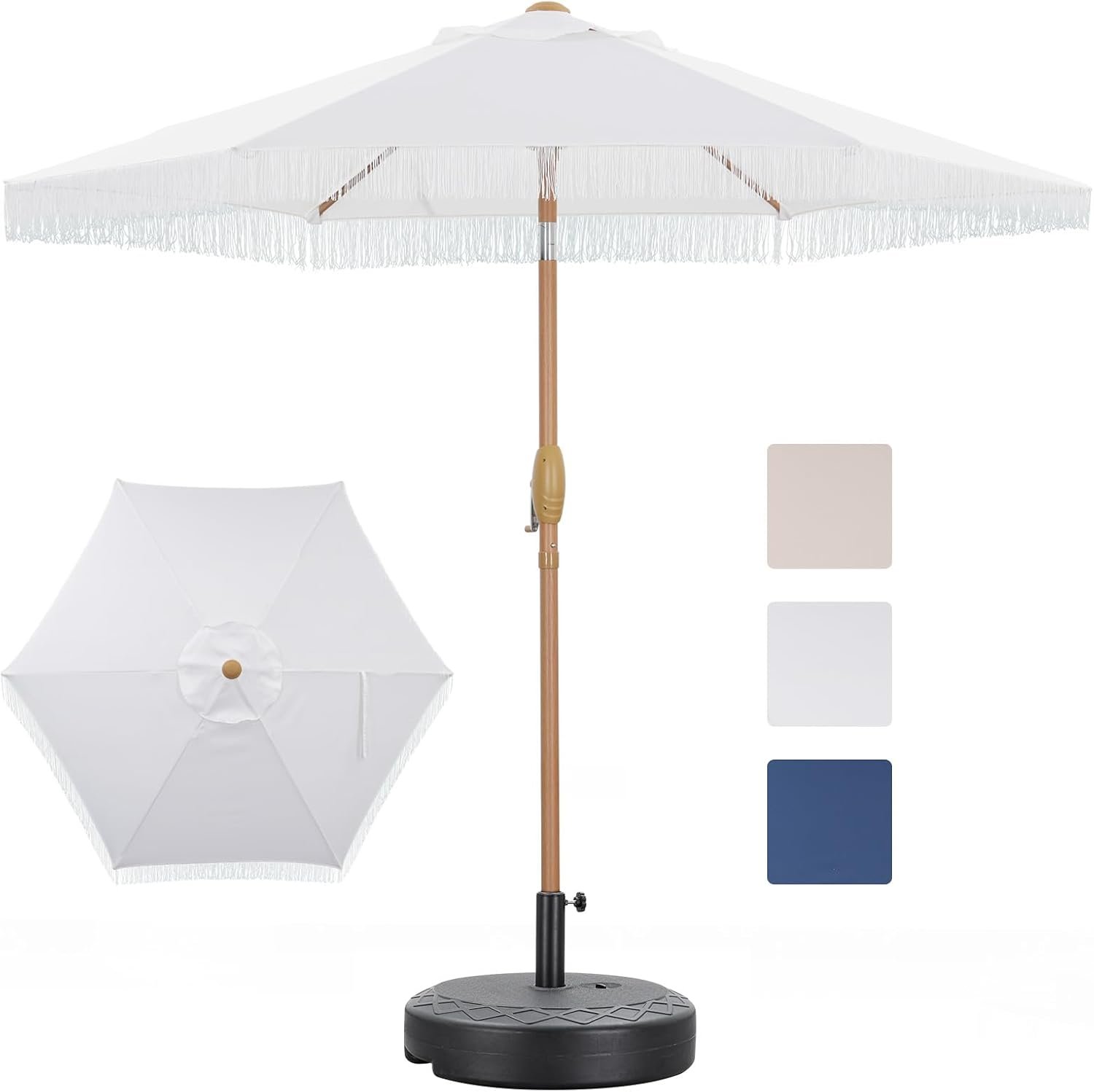 7.5 FT White Tassel Patio Umbrella with Base | Color Options | Party For Less Rentals Aurora Denver CO White 7.5 FT tassel fringe patio umbrella with base and color options – stylish outdoor shade by Party For Less Rentals in Aurora and Denver Colorado