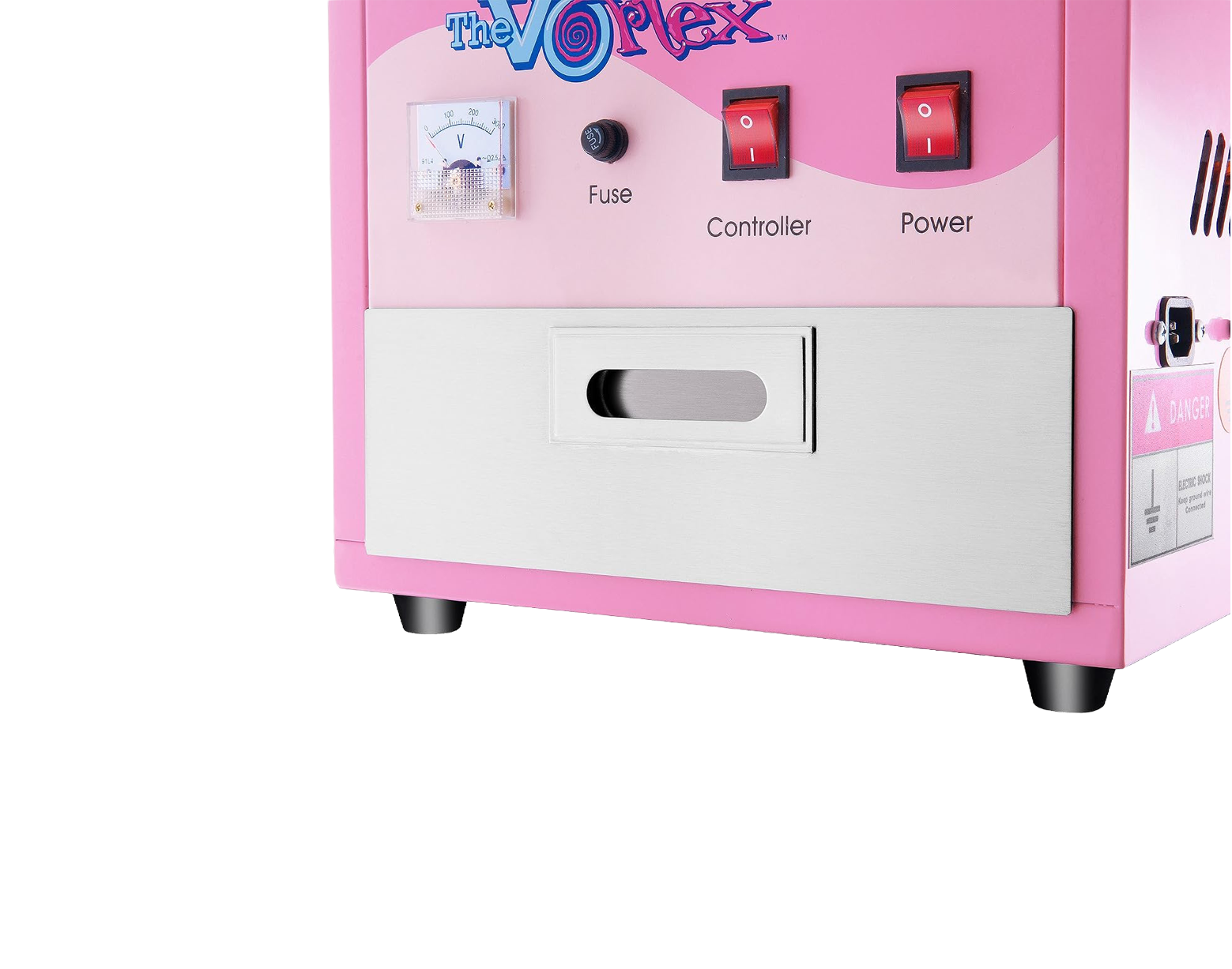 Cotton Candy Machine Controls & Drawer – Party For Less Rentals Aurora Denver CO Close-up of pink Great Northern Popcorn Vortex cotton candy machine controls and storage drawer from Party For Less Rentals in Aurora Colorado – party rental for the Denver area