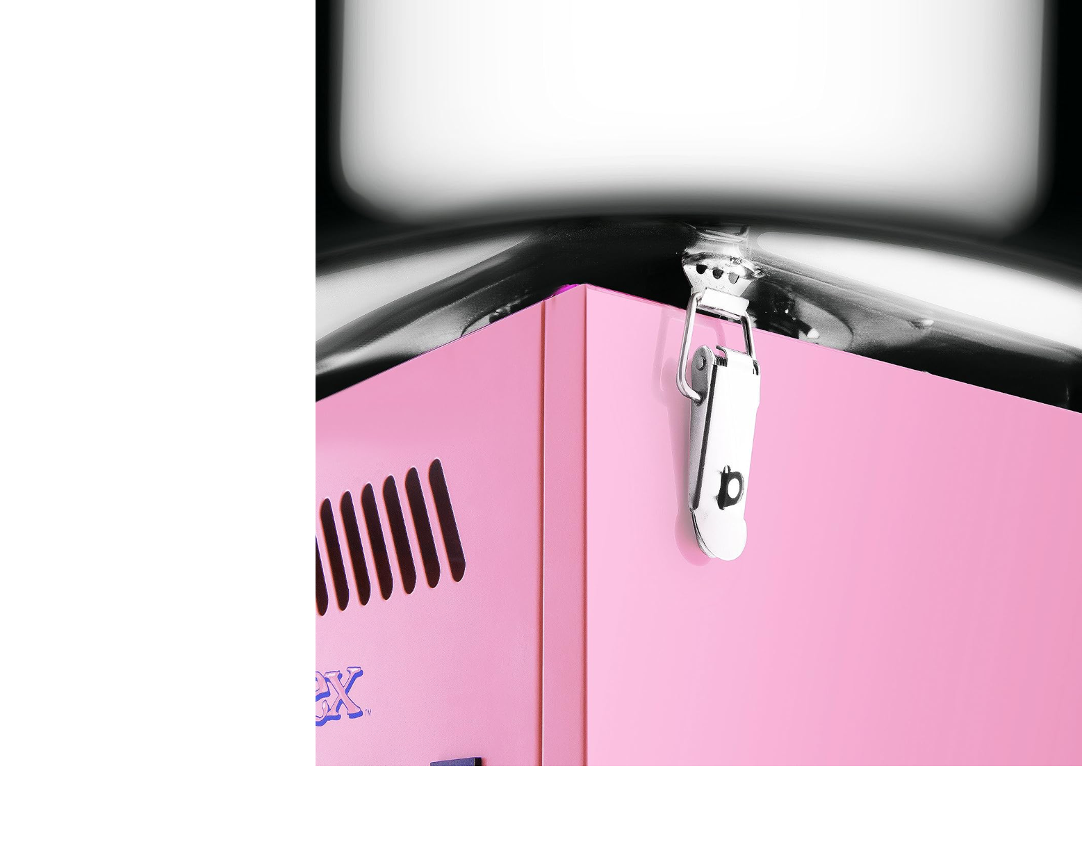 Cotton Candy Machine Bowl Latch – Party For Less Rentals Aurora Denver CO Close-up of metal latch securing the bowl on the pink Great Northern Popcorn Vortex cotton candy machine from Party For Less Rentals in Aurora Colorado – party rental for the Denver area