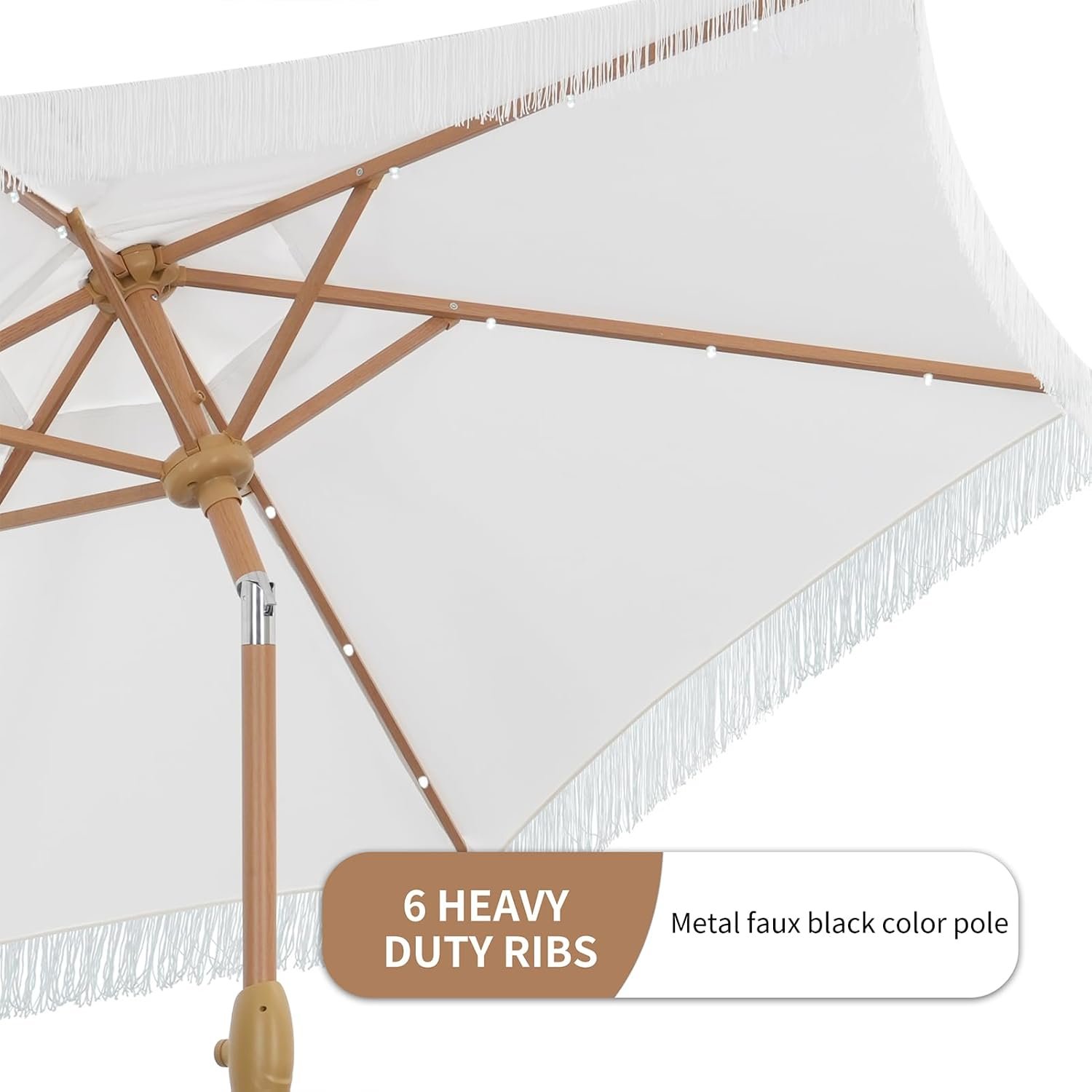 7.5 FT White Tassel Patio Umbrella 6 Heavy Duty Ribs | Party For Less Rentals Aurora Denver CO Underside of white tassel fringe patio umbrella showing 6 heavy duty ribs – durable construction by Party For Less Rentals in Aurora and Denver Colorado