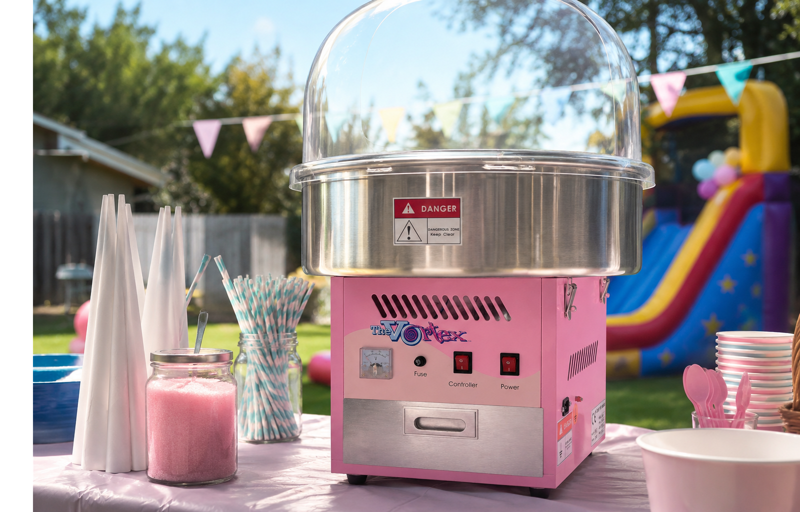 Cotton Candy Machine Outdoor Party Setup – Party For Less Rentals Aurora Denver CO Pink Great Northern Popcorn Vortex cotton candy machine set up at an outdoor party with bounce house from Party For Less Rentals in Aurora Colorado – Denver area party rental