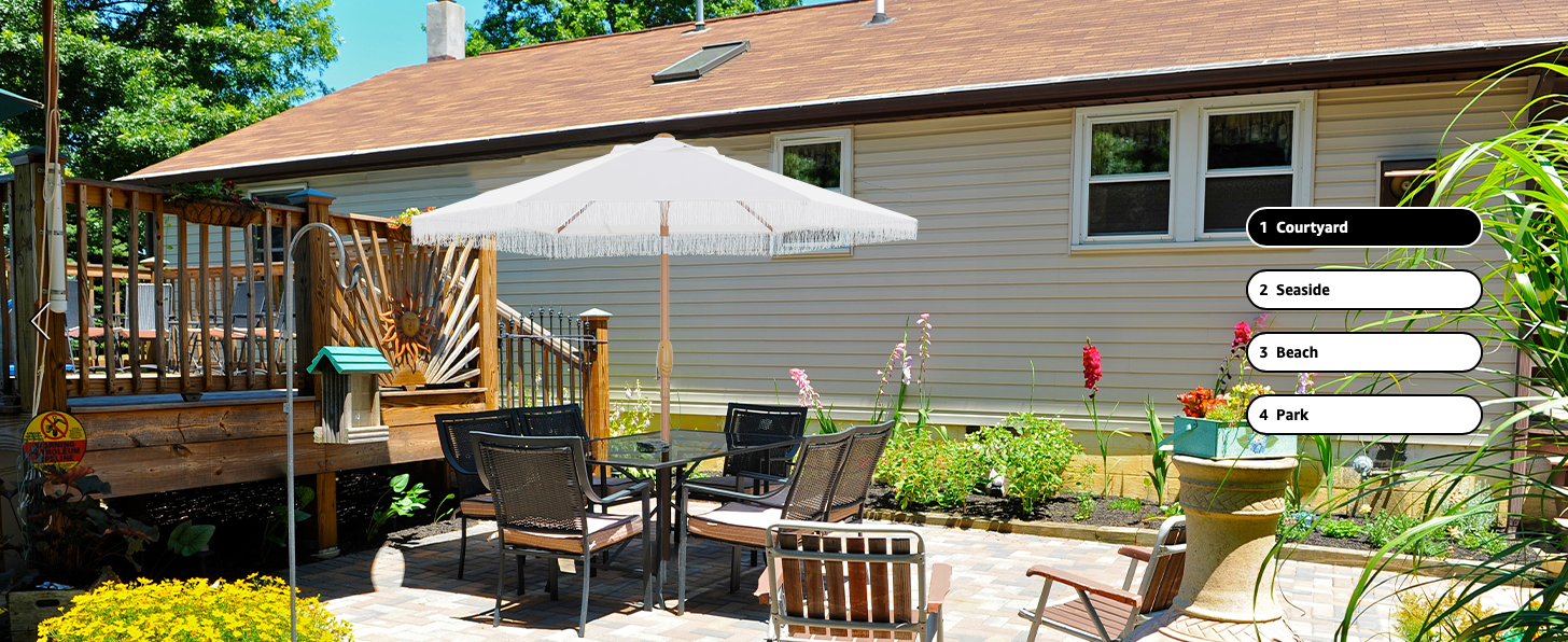 7.5 FT White Tassel Patio Umbrella | Courtyard & Outdoor Use | Party For Less Rentals Aurora Denver CO White 7.5 FT tassel fringe patio umbrella in a courtyard patio setting – versatile outdoor shade by Party For Less Rentals in Aurora and Denver Colorado