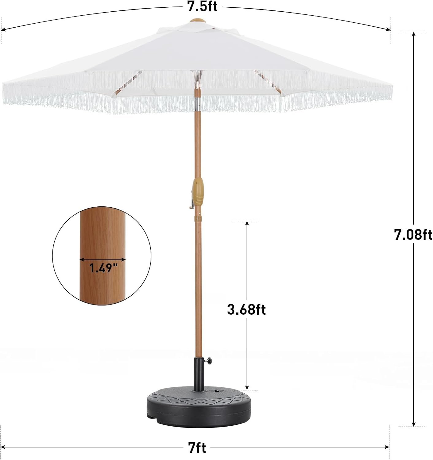 White Fringe Patio Umbrella Dimensions | Party For Less Rentals Aurora & Denver Colorado 7.5 ft white fringe patio umbrella dimensions by Party For Less Rentals in Aurora Colorado for outdoor flower bars and party rentals in the Denver area